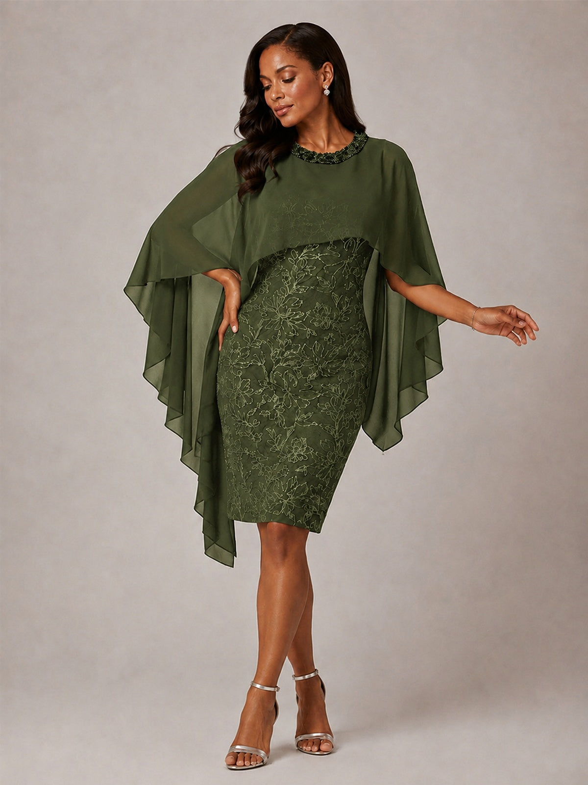 Floral Sheath Mother of the Bride Dress with Cape Overlay