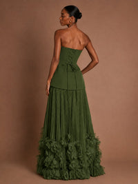 Strapless Pleated Floral Satin Formal Dress with Side Slit