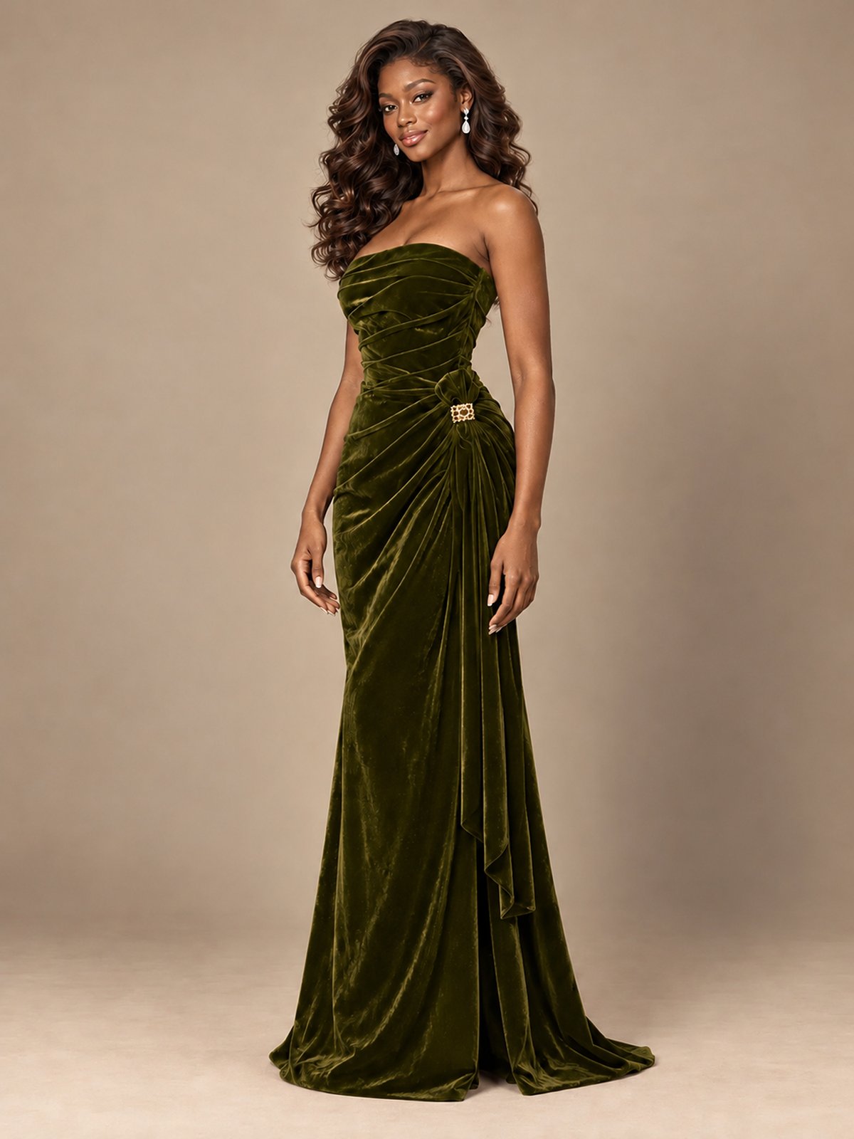 Burgundy Velvet Strapless Ruched Prom Dress with Jeweled Side Drape