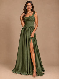Cowl Neck Pleated Satin Prom Dress with Pockets & Slit Maxi Formal Gowns