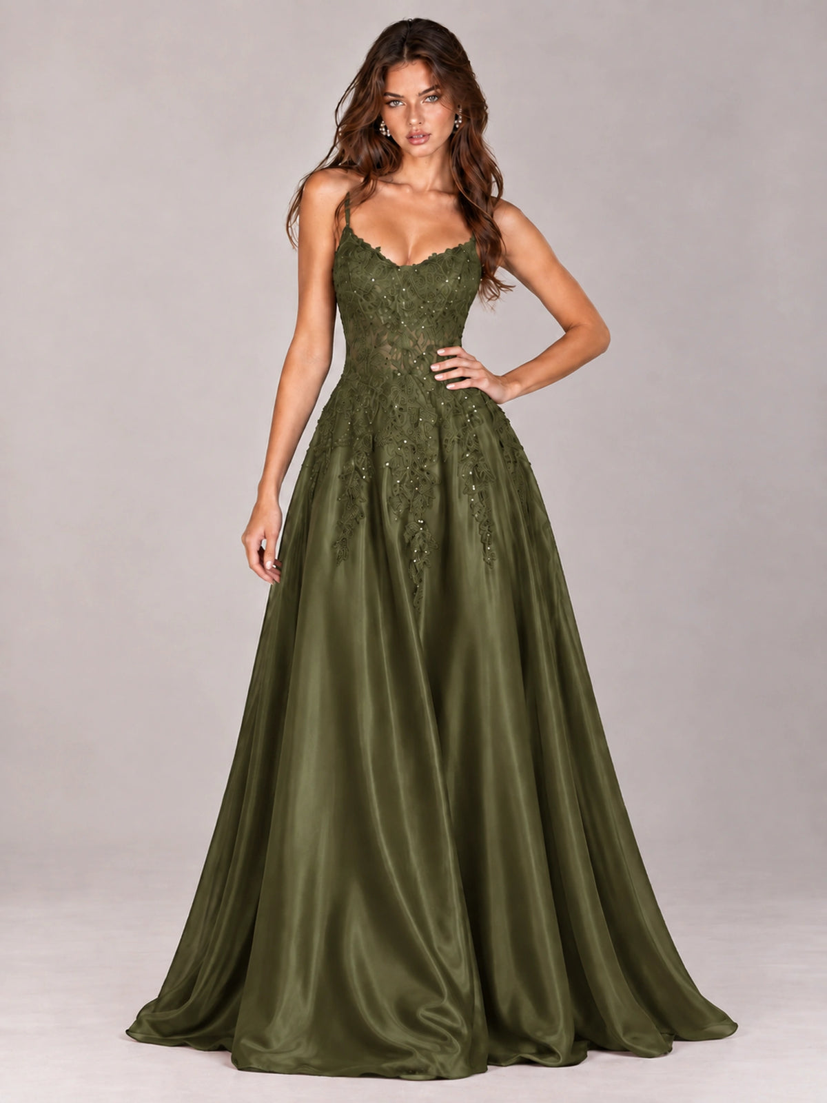 Lace Applique Satin A-Line Prom Dress with Sheer Bodice