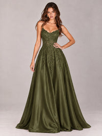 Lace Applique Satin A-Line Prom Dress with Sheer Bodice