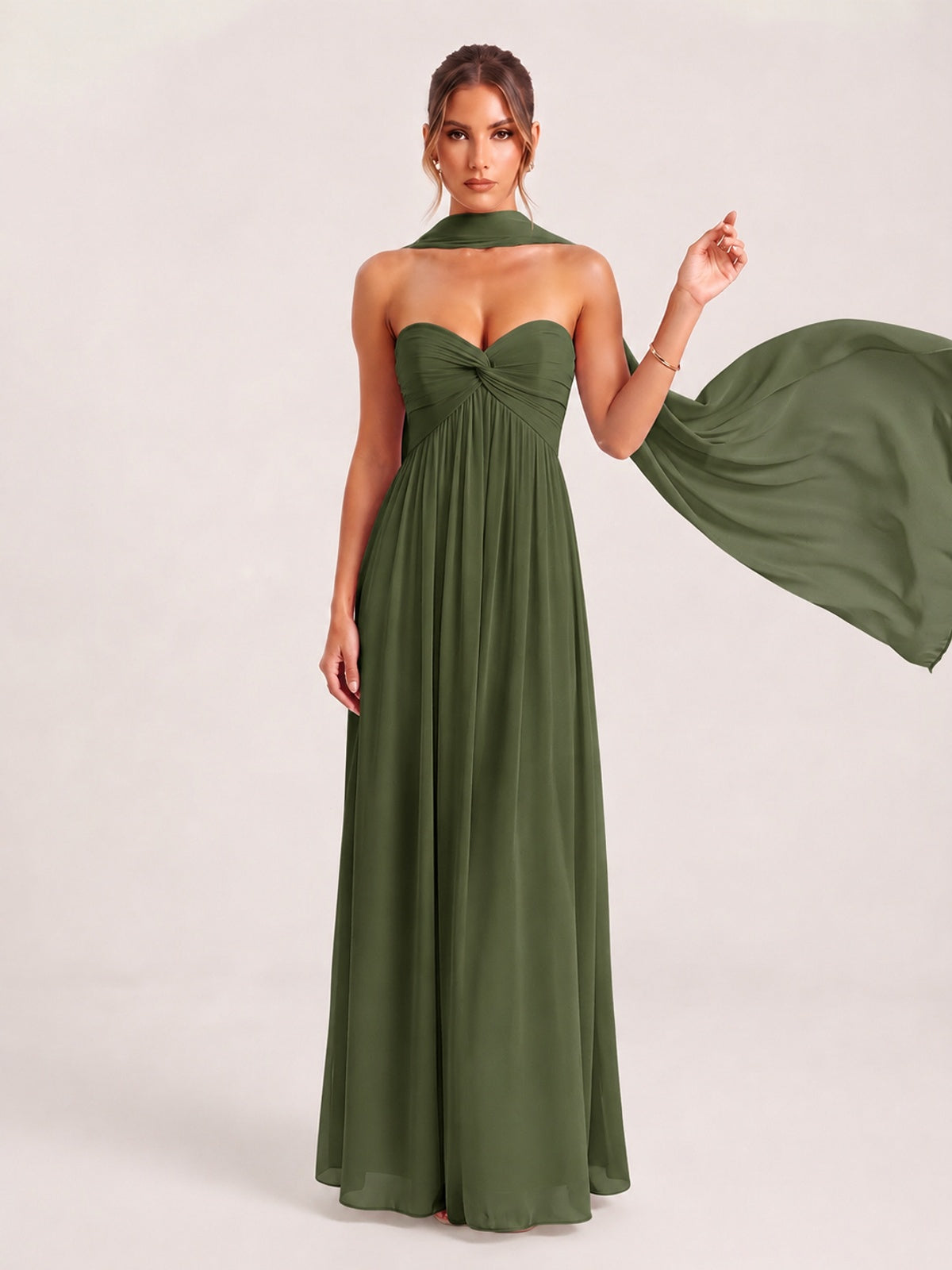 Strapless Ruched Chiffon Long Prom Dress with Scarf