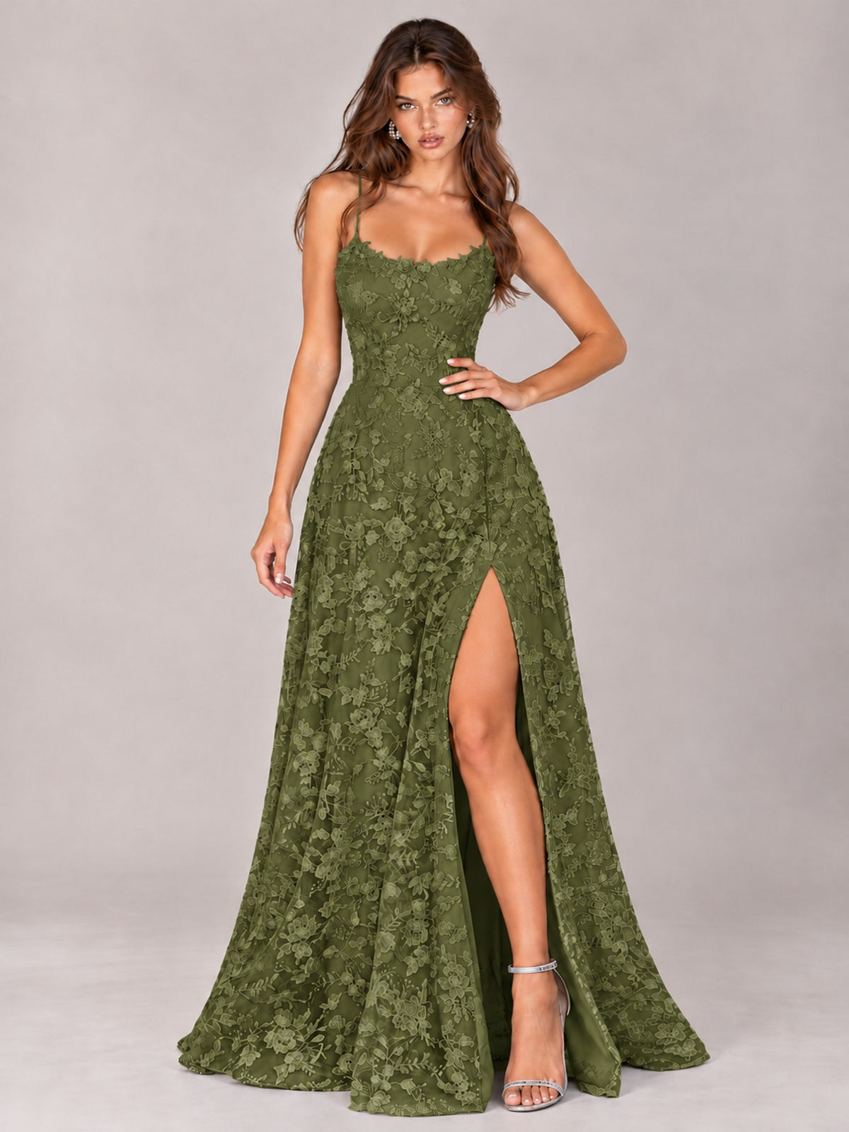 Floral Lace A-Line Prom Dress with Spaghetti Straps & High Slit