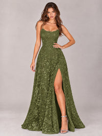 Floral Lace A-Line Prom Dress with Spaghetti Straps & High Slit