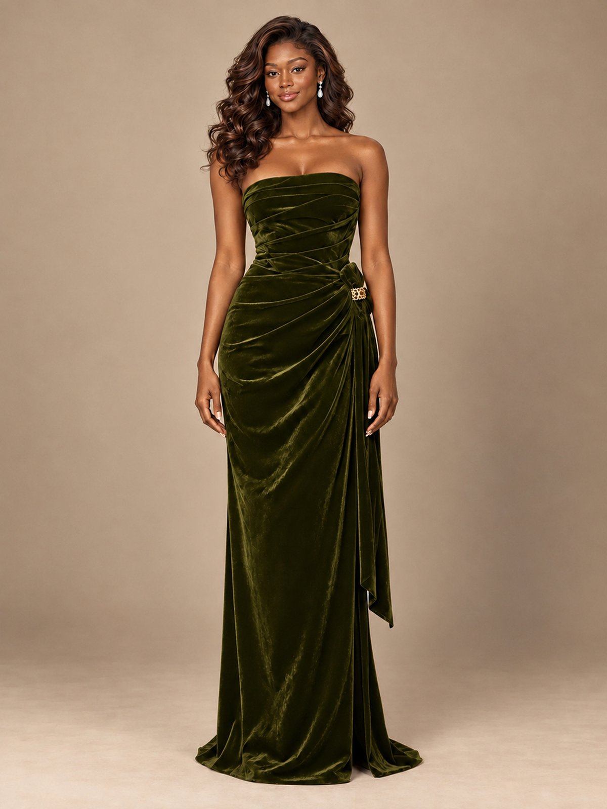Burgundy Velvet Strapless Ruched Prom Dress with Jeweled Side Drape