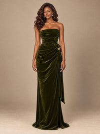 Burgundy Velvet Strapless Ruched Prom Dress with Jeweled Side Drape