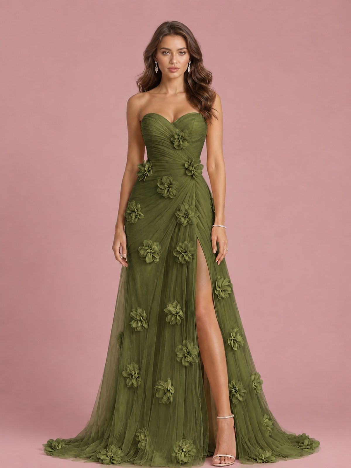3D Floral Applique Strapless Tulle Prom Dress with High Slit