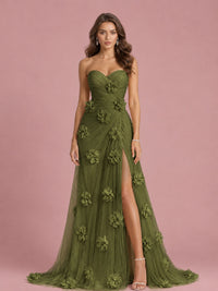 3D Floral Applique Strapless Tulle Prom Dress with High Slit