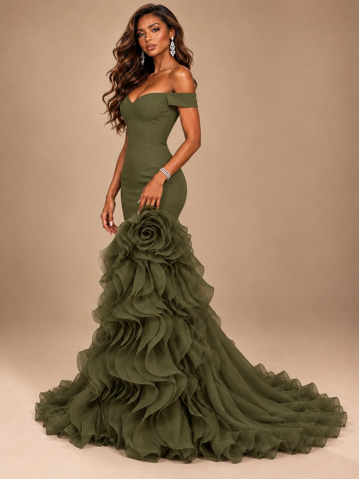Dusty Blue Off-the-Shoulder Mermaid Prom Dress with 3D Rose & Ruffles