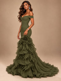 Dusty Blue Off-the-Shoulder Mermaid Prom Dress with 3D Rose & Ruffles