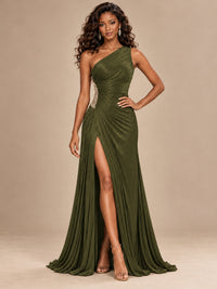 Burgundy One Shoulder Ruched Prom Dress with High Slit & Beaded Waist