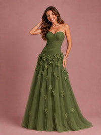 Blush Pink Strapless Sweetheart 3D Floral Tulle Ball Gown Prom Dres