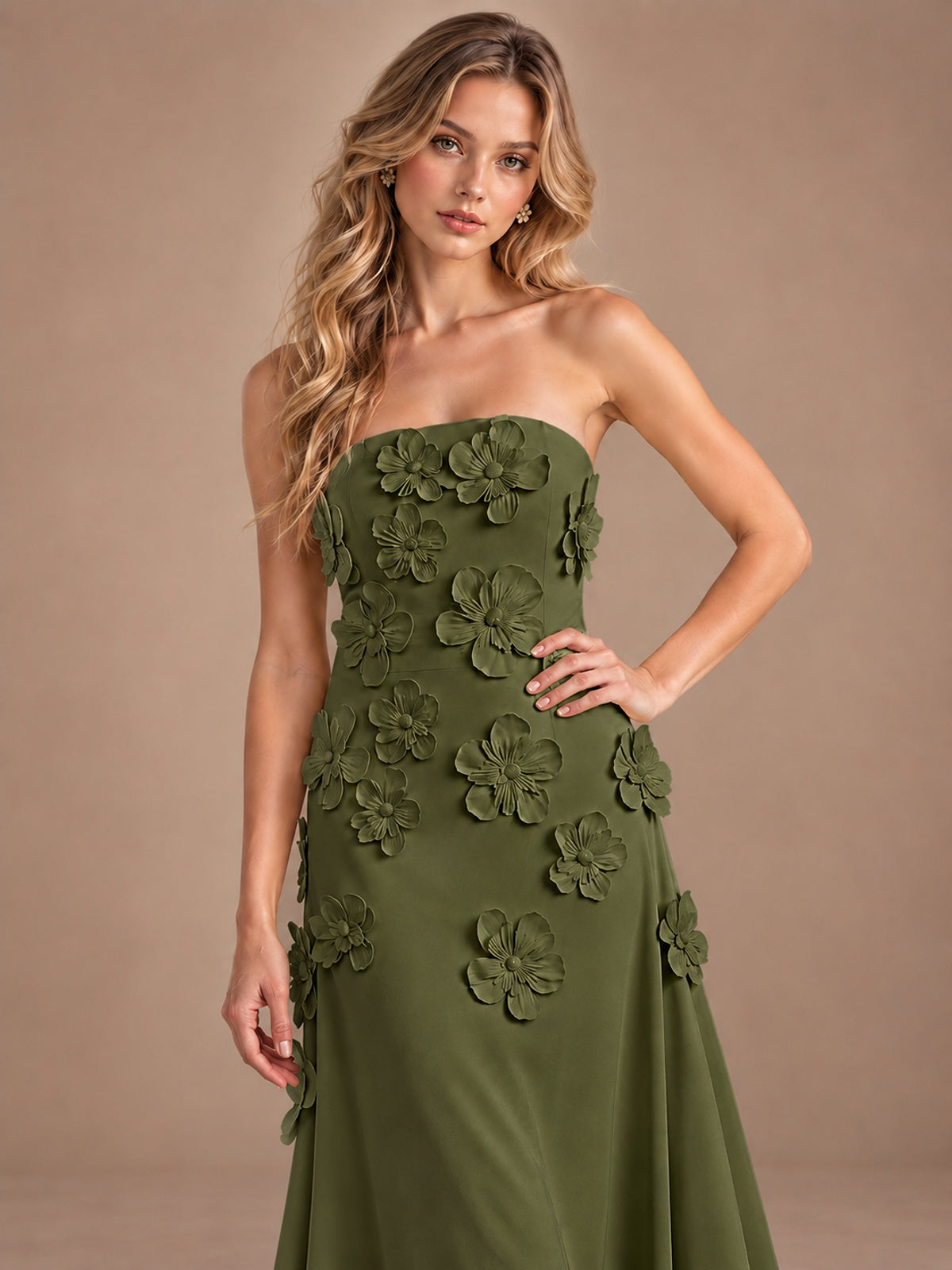 Yellow Strapless A-line Satin Maxi Dress with 3D Floral