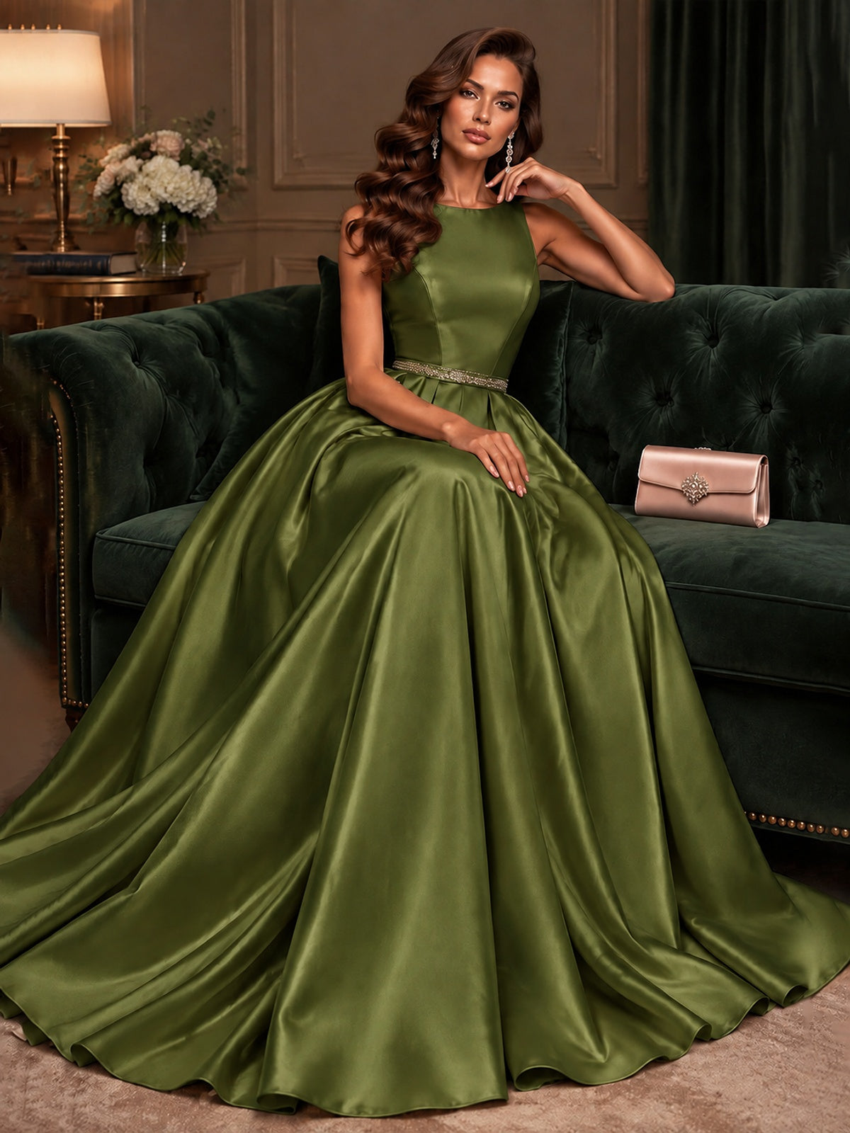 Satin A-Line Prom Dress Sleeveless Beaded Waist Formal Gown with Pockets