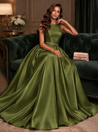 Satin A-Line Prom Dress Sleeveless Beaded Waist Formal Gown with Pockets