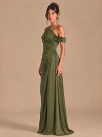 Satin One Shoulder Prom Dress Ruched Long Formal Evening Gown