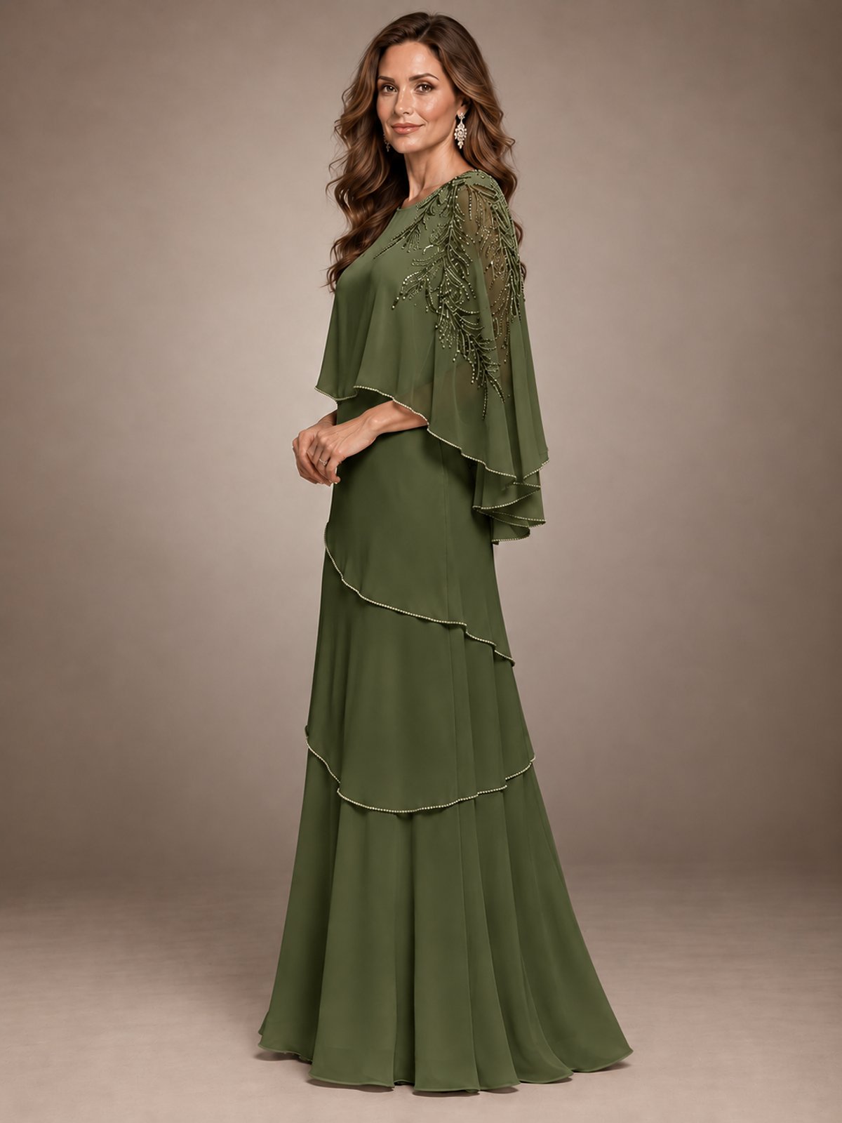 Elegant Chiffon Cape Sleeve Beaded Mother of the Bride Dress