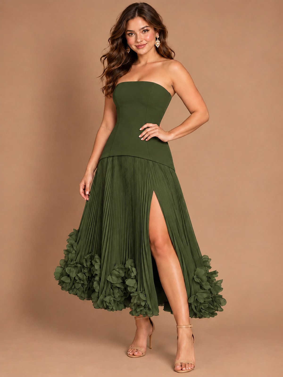 Navy Blue Strapless Pleated A-Line Midi Dress with 3D Floral Applique