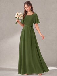 Scoop Neck A-line Chiffon Bridesmaid Dress with Flutter Sleeve & Belt