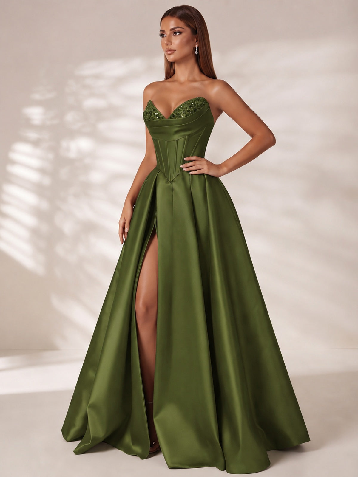 Strapless Corset Satin Prom Dress Long Evening Gown with High Slit