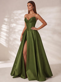 Strapless Corset Satin Prom Dress Long Evening Gown with High Slit