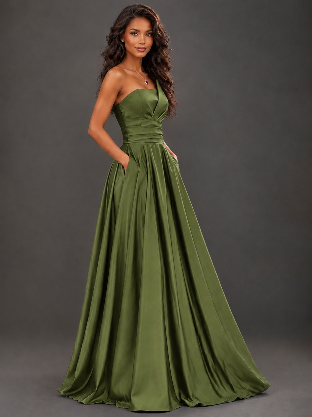 Draped Satin Prom Dress Strapless A-line Formal Dress Floor Length