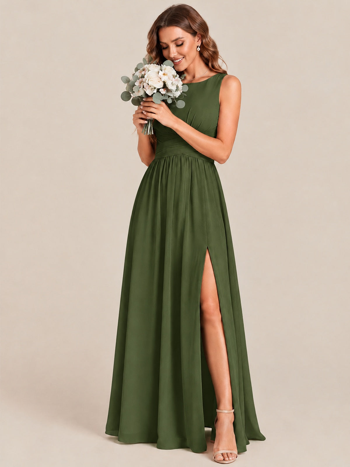 A-line Sleeveless Rucehd Chiffon Bridesmaid Dress with High Slit