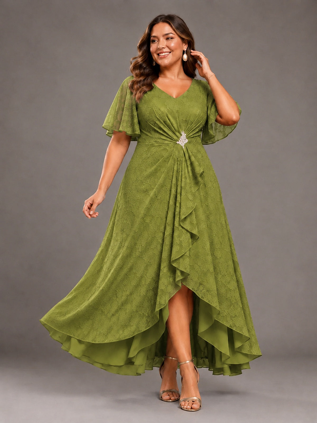 Jacquard Chiffon A-Line V-Neck High-Low Mother of the Bride Dress