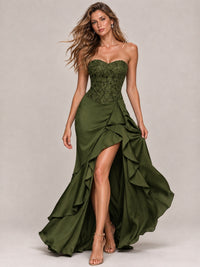 Strapless Lace Appliques Corset Satin Prom Dress Ruffle Slit Evening Gown