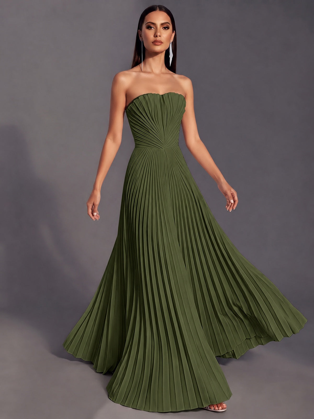 Strapless A-line Long Pleated Satin Prom Dress
