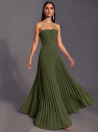 Strapless A-line Long Pleated Satin Prom Dress