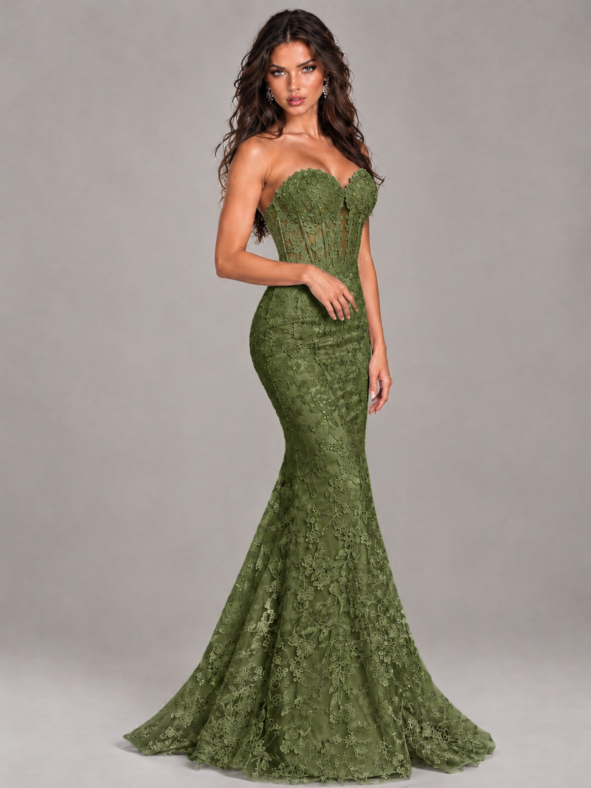 Strapless Corset Mermaid Prom Dress Lace Appliqué Formal Gown