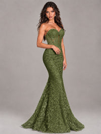 Strapless Corset Mermaid Prom Dress Lace Appliqué Formal Gown