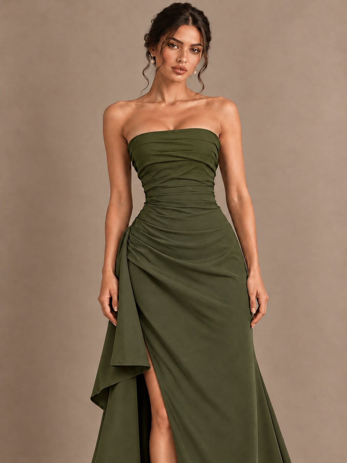 Black and White Strapless Ruched Prom Dress with High Slit & Side Drape