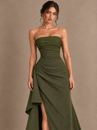 Black and White Strapless Ruched Prom Dress with High Slit & Side Drape