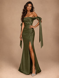 Off The Shuolder Satin Prom Dress Slit Mermaid Formal Gowns