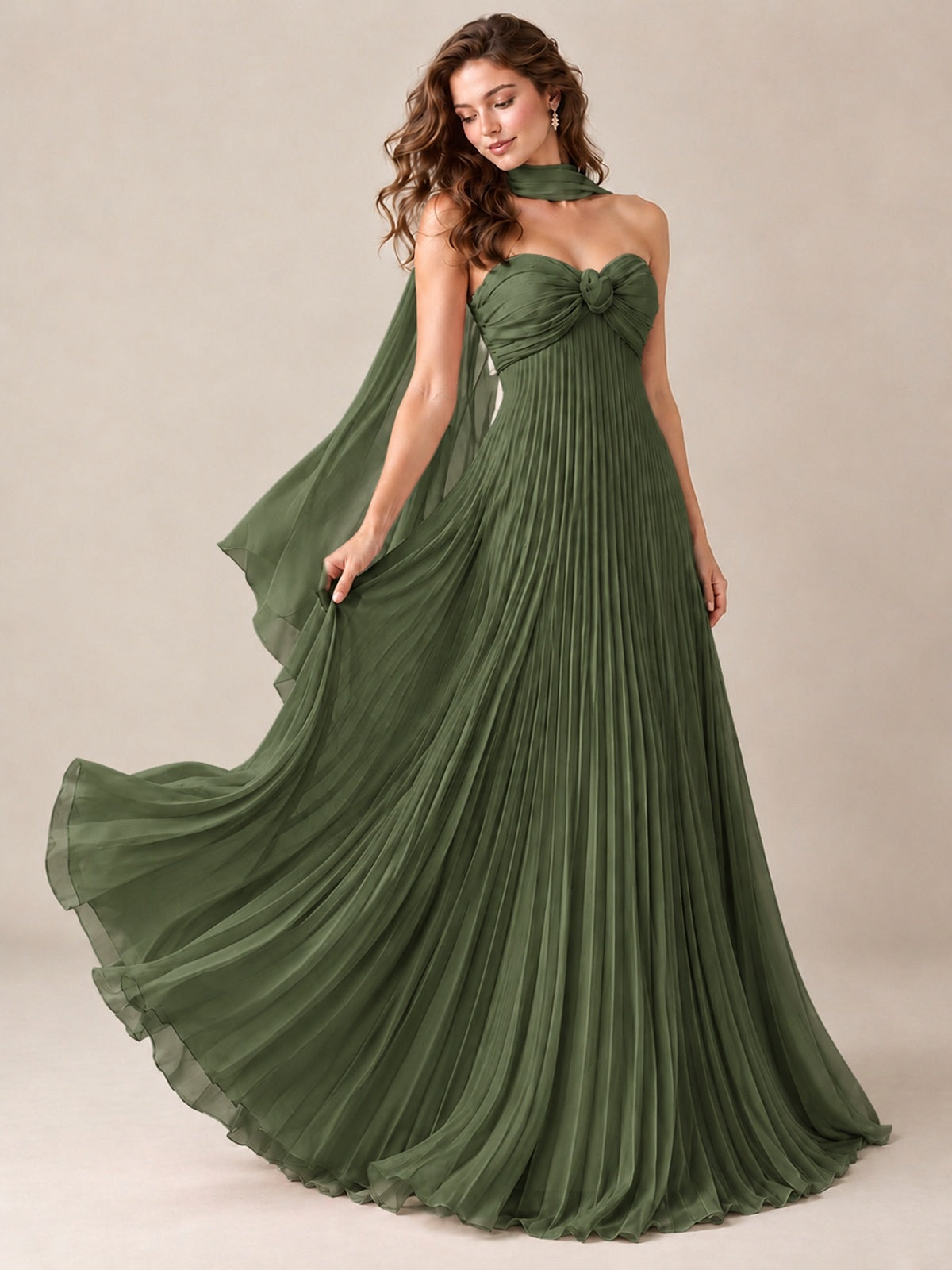 Sweetheart Neckline Pleated Prom Dress Strapless A-line Formal Dress with Flowy Scarf