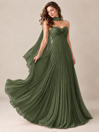 Sweetheart Neckline Pleated Prom Dress Strapless A-line Formal Dress with Flowy Scarf