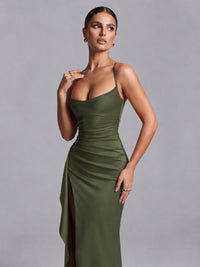 Square Neck Satin Long Prom Dress with Ruffles