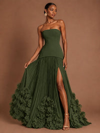 Strapless Pleated Floral Satin Formal Dress with Side Slit
