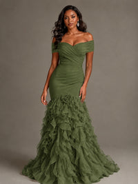 Pink Off-the-Shoulder Mermaid Prom Dress with Ruffles 3D Flowers