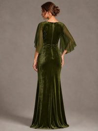 Navy Blue Velvet V Neck Mermaid Formal Dress with Flutter Cape Sleeves