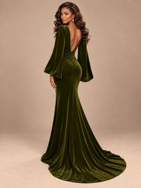 Burgundy Velvet Deep V-Neck Ruched Long Sleeve Maxi Dress