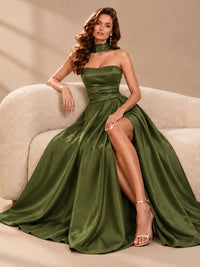 Strapless Prom Dress Side High Slit A-line Formal Dress with Scarf