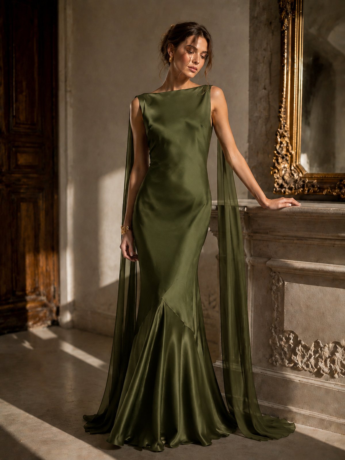 Burgundy Satin Mermaid Cape Maxi Dress