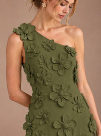 Sage Green One Shoulder Satin Formal Maxi Dress with 3D Floral