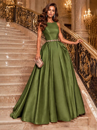 Satin A-Line Prom Dress Sleeveless Beaded Waist Formal Gown with Pockets