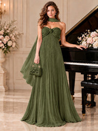 Sweetheart Neckline Pleated Prom Dress Strapless A-line Formal Dress with Flowy Scarf