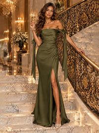 Off The Shuolder Satin Prom Dress Slit Mermaid Formal Gowns
